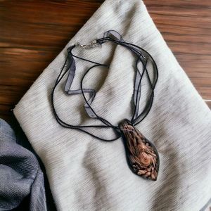 Copper Lampwork Necklace Art Glass Swirl Tear Drop Pendant Black Ribbon Chain